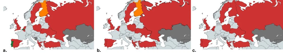  χαρτογράφηση των βασικών ενεργειών που έχουν πραγματοποιηθεί σε ευρωπαϊκές χώρες ως ανταπόκριση στις 24ωρες οδηγίες του ΠΟΥ για τη σωματική δραστηριότητα, την καθιστική συμπεριφορά και τον ύπνο, για τα παιδιά κάτω των πέντε ετών. (a. Υιοθέτηση των οδηγιών, b. Παρακολούθηση της τήρησής τους, c. Υλοποίηση πολιτικών). Με πράσινο σημειώνονται οι χώρες που ακολουθούν τις οδηγίες, με πορτοκαλί εν μέρει, με κόκκινο όχι. Με σκούρο γκρι σημειώνονται οι χώρες-μέλη του προγράμματος SUNRISE χωρίς δεδομένα. Credit: De Craemer et al., 2024.