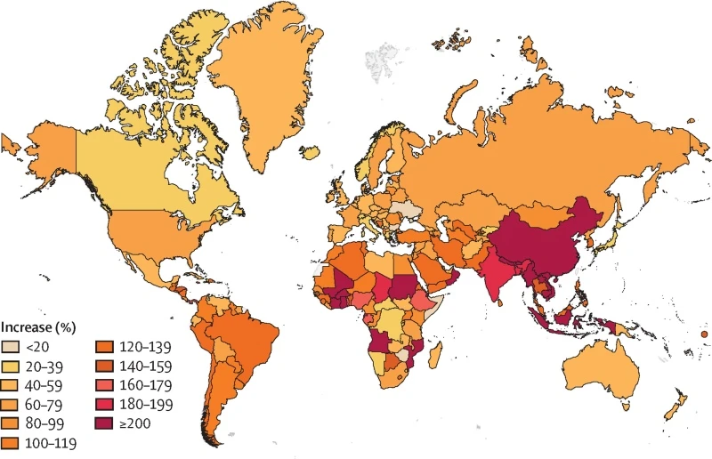 Χάρτης με την αύξηση των υπέρβαρων και παχύσαρκων εφήβων την περίοδο 1990-2021. Copyright: The Lancet
