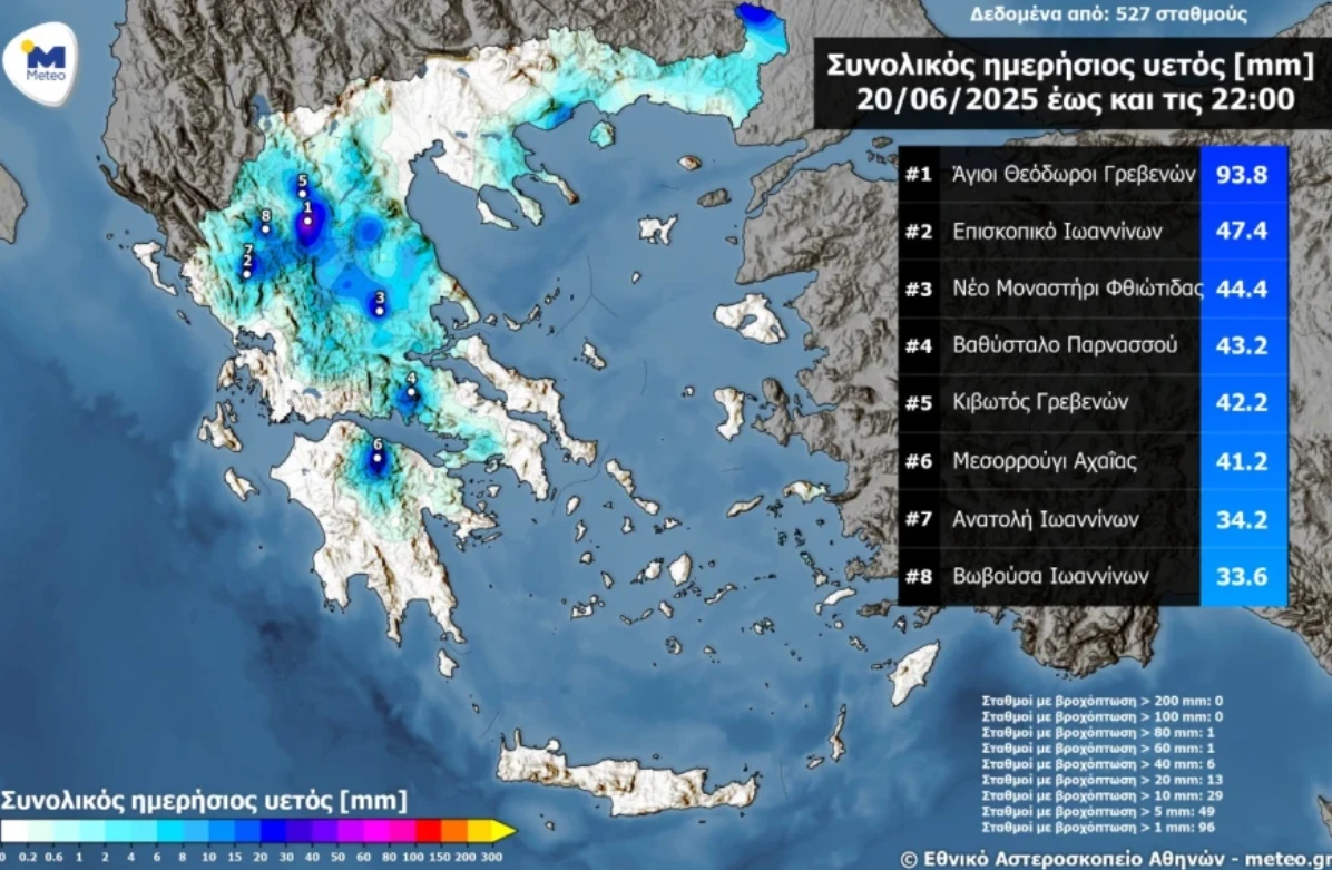 Συνολικός ημερήσιος υετός από τους αυτόματους μετεωρολογικούς σταθμούς του δικτύου του Εθνικού Αστεροσκοπείου Αθηνών - meteo.gr μέχρι και τις 22:00 ώρα Ελλάδας
