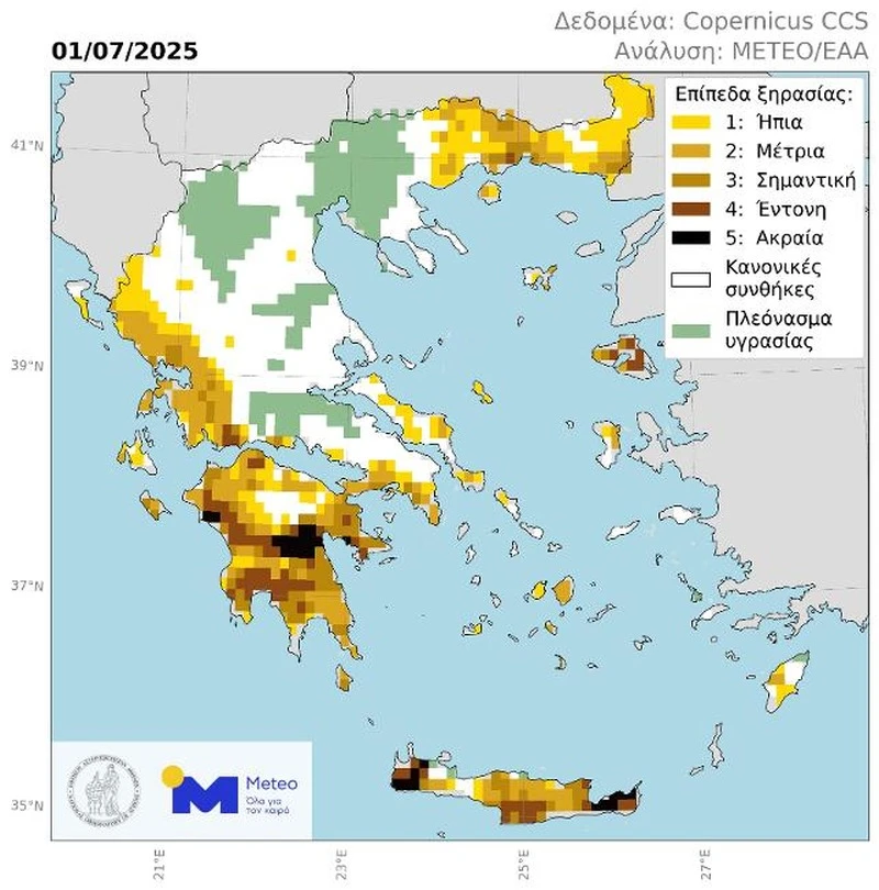 Εικόνα 1. Επίπεδα ξηρασίας στην Ελλάδα κατά την 1η Ιουλίου 2025. Οι περιοχές που βρίσκονται σε κατάσταση σχετικής ξηρασίας είναι χρωματισμένες σύμφωνα με την 5-βάθμια κλίμακα στο άνω δεξιά άκρο του χάρτη. Περιοχές όπου η εδαφική υγρασία είναι σημαντικά πάνω από τα κανονικά επίπεδα απεικονίζονται με πράσινο, ενώ περιοχές με εδαφική υγρασία κοντά στην μέση τιμή απεικονίζονται με άσπρο.