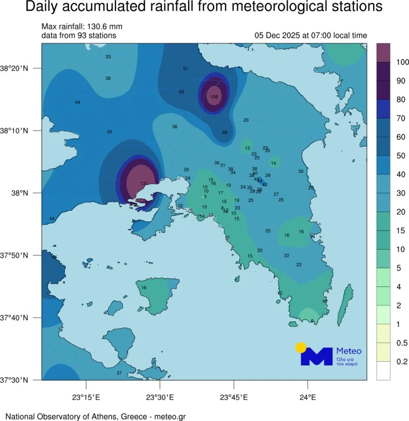 Ο χάρτης με τον συνολικό ημερήσιο υετό από τους αυτόματους μετεωρολογικούς σταθμούς του δικτύου του Εθνικού Αστεροσκοπείου Αθηνών/Meteo.gr στην Αττική έως και τις 07:00 σήμερα το πρωί