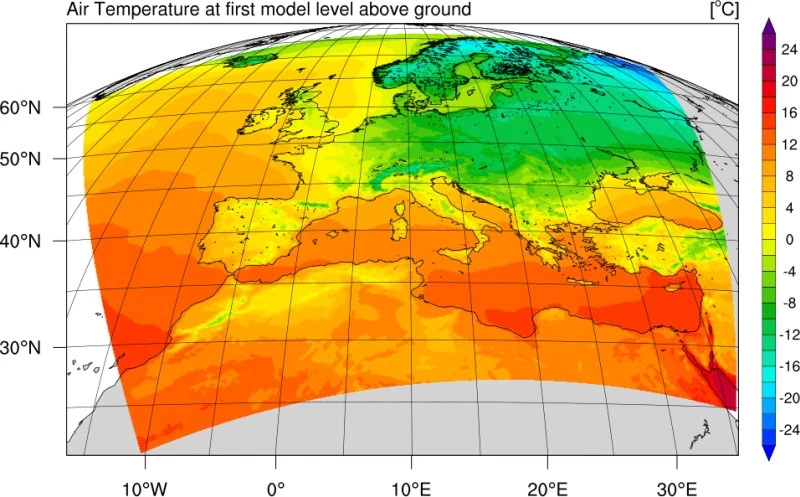 Εικόνα 2: Κλιματικός χάρτης θερμοκρασίας της Ευρώπης με χωρική ανάλυση 12 Κm, με προσομοιώσεις του αναβαθμισμένου κλιματικού μοντέλου WRF