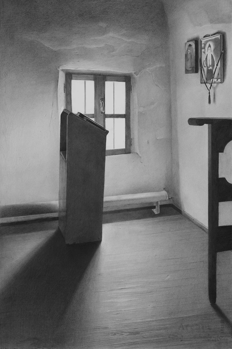 Γιώργος Ταξίδης, Κελί Τιμίου Σταυρού – Άγιος Παΐσιος, Ιανουάριος 2024, μολύβι σε χαρτί, 57x35 εκ. Συλλογή Γιώργου Ταξίδη