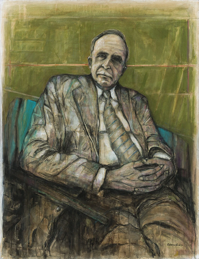 Γιάννης Αδαμαντίδης, Ντίνος Χριστιανόπουλος, 2021, λάδι, 130x100 εκ. Συλλογή Τελλογλείου Ιδρύματος Τεχνών ΑΠΘ, δωρεά του καλλιτέχνη