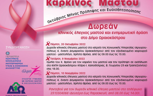 Ωραιόκαστρο: Δωρεάν κλινικός έλεγχος μαστού από τον Σύλλογο «Άλμα Ζωής»