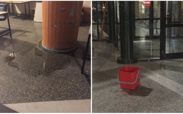  Εικόνες ντροπής στο Πανεπιστήμιο Θεσσαλίας: Βάζουν κουβάδες για να μαζεύουν τα νερά που τρέχουν από την οροφή