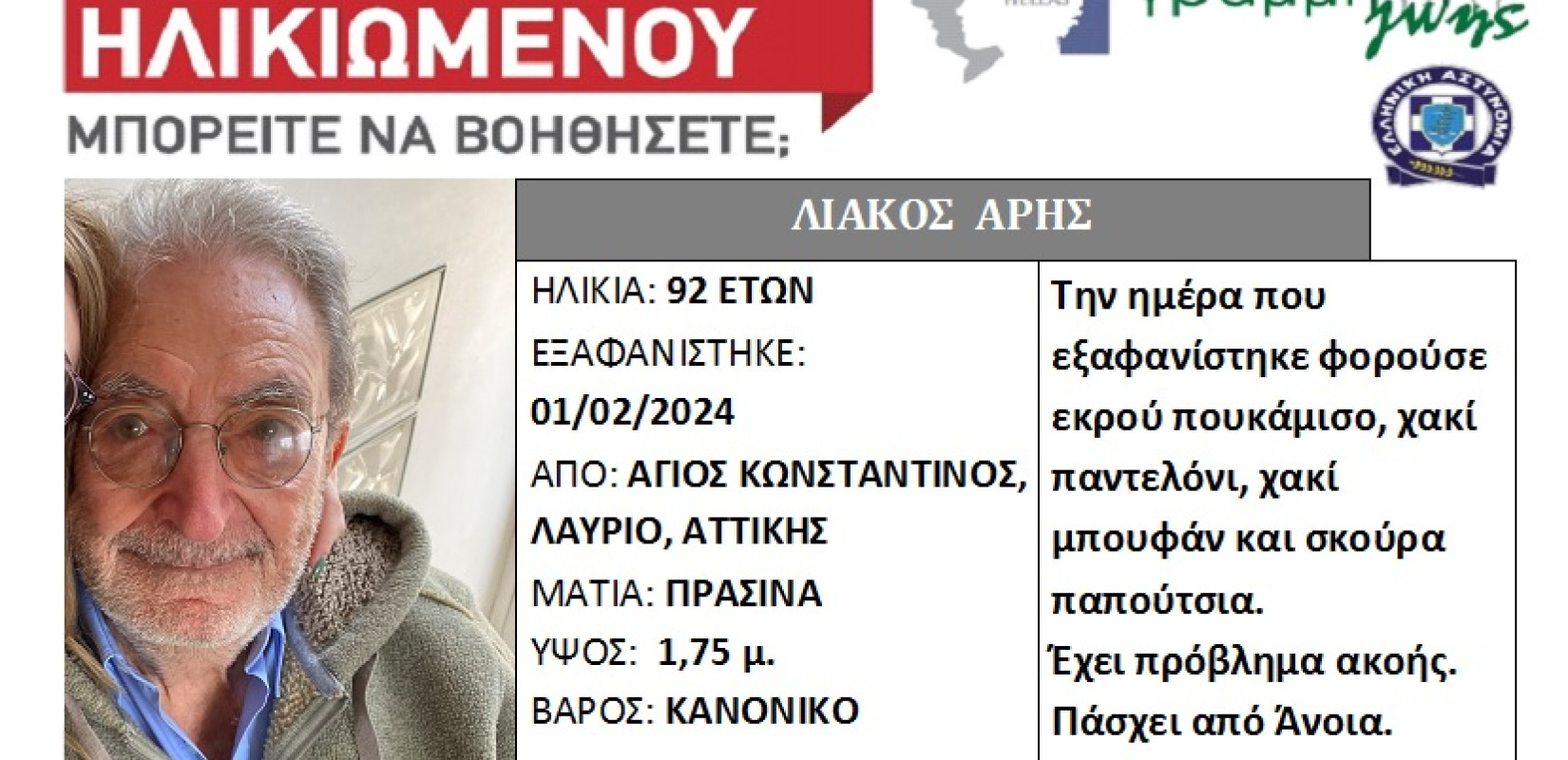 Εξαφανίστηκε 92χρονος από τον Άγιο Κωνσταντίνο Λαυρίου - Βρέθηκε το ΙΧ του σε χαντάκι