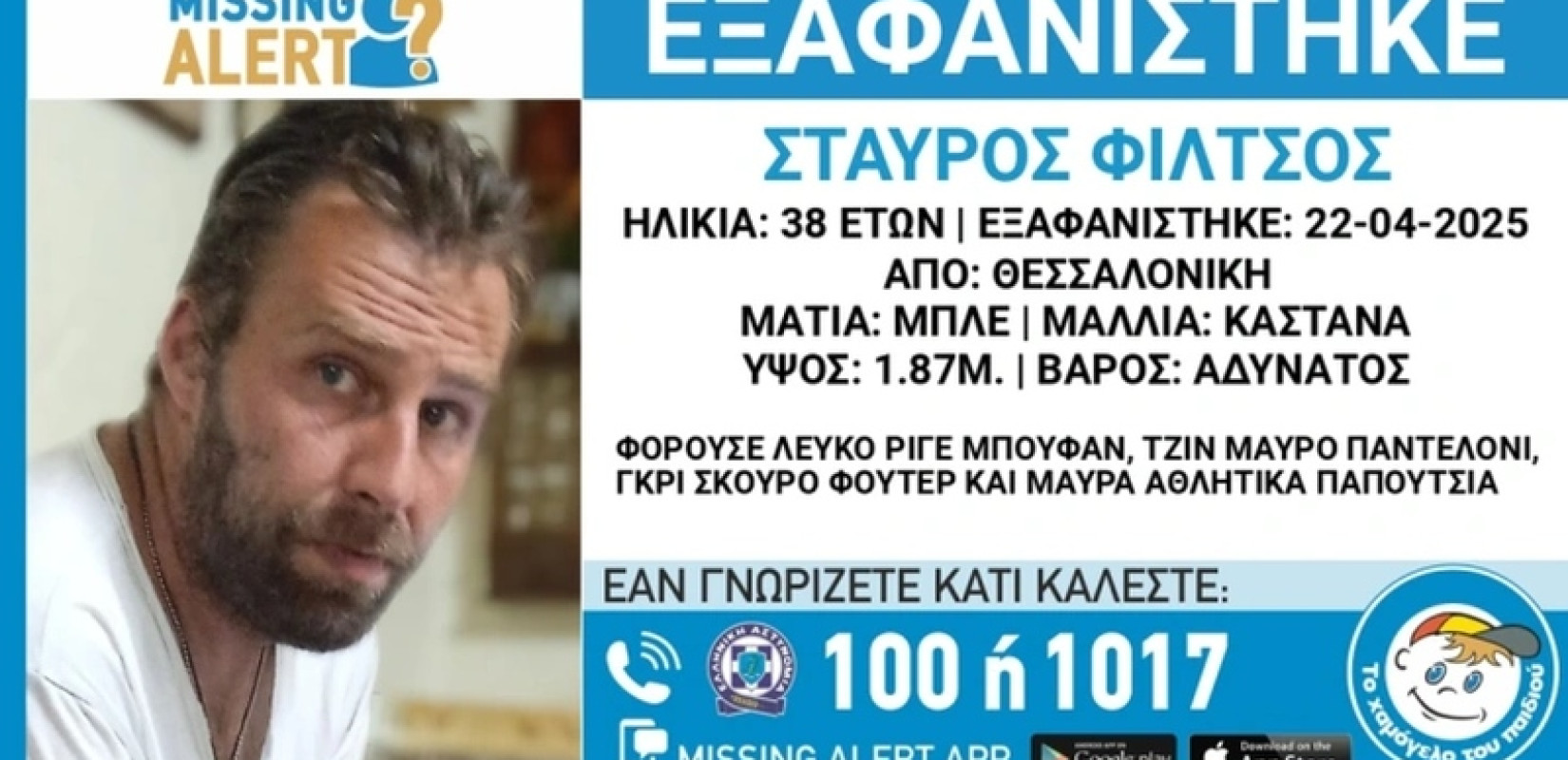 Συναγερμός για την εξαφάνιση 38χρονου από τη Θεσσαλονίκη - Missing Alert από το «Χαμόγελο του Παιδιού»