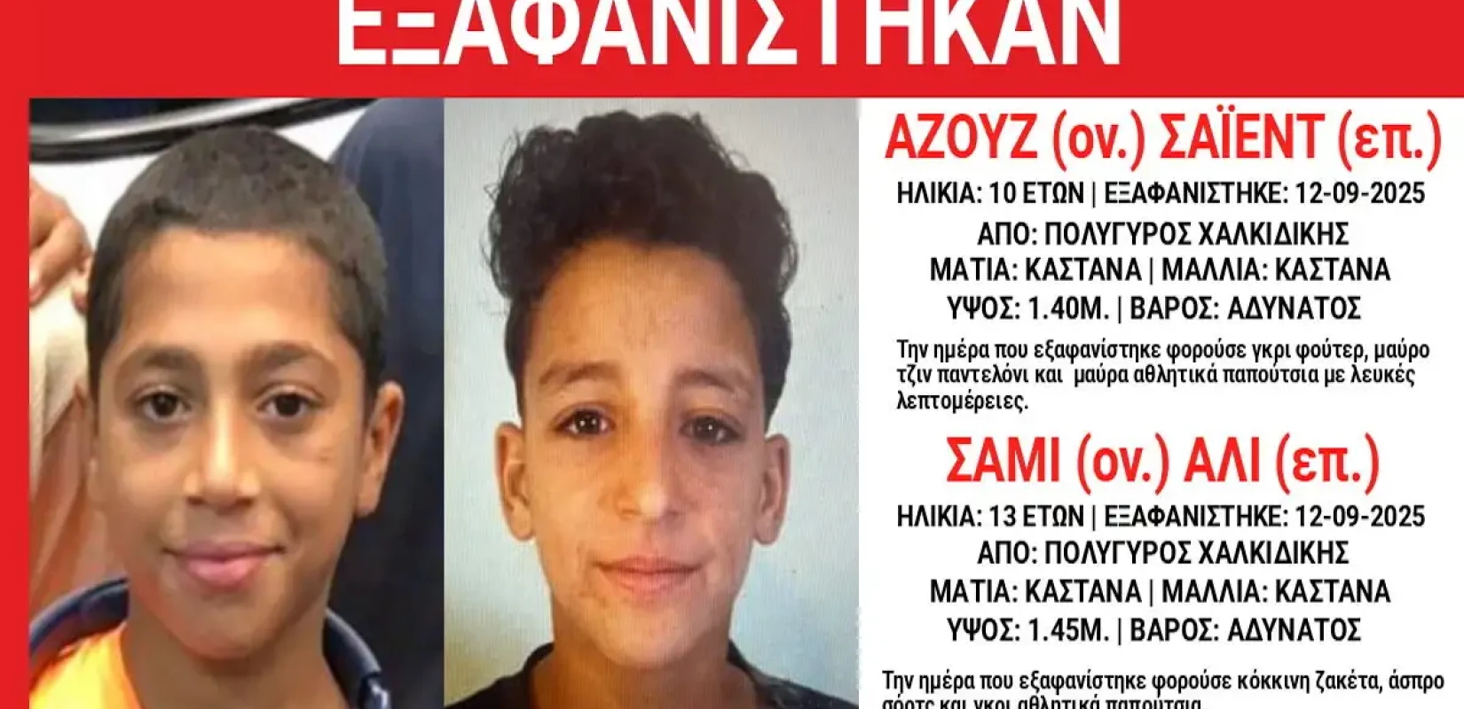 Χαλκιδική: Εξαφάνιση 13χρονου και 10χρονου από τον Πολύγυρο – Τι αναφέρει το «Χαμόγελο του Παιδιού»