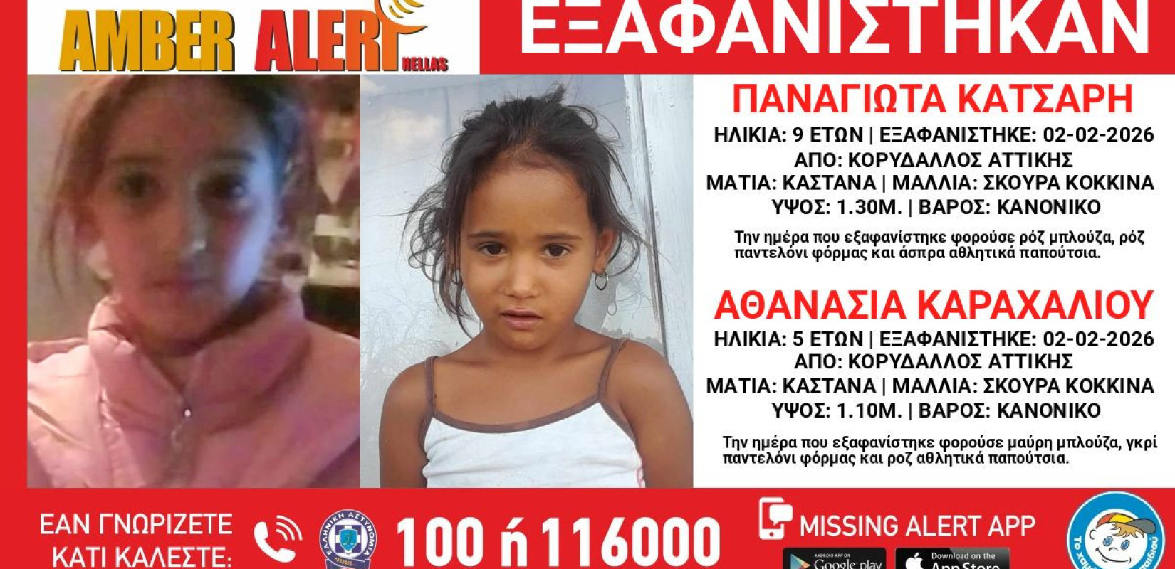 Αθήνα: Συναγερμός για την εξαφάνιση δύο κοριτσιών 5 και 9 ετών από τον Κορυδαλλό - Ενεργοποιήθηκε το Amber Alert