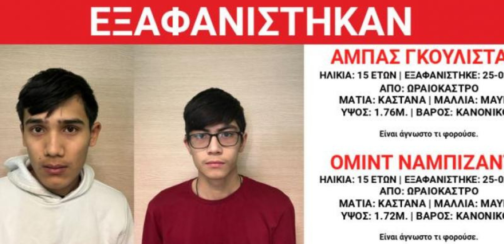 Συναγερμός στη Θεσσαλονίκη: Εξαφανίστηκαν δύο 15χρονοι από δομή φιλοξενίας στο Ωραιόκαστρο