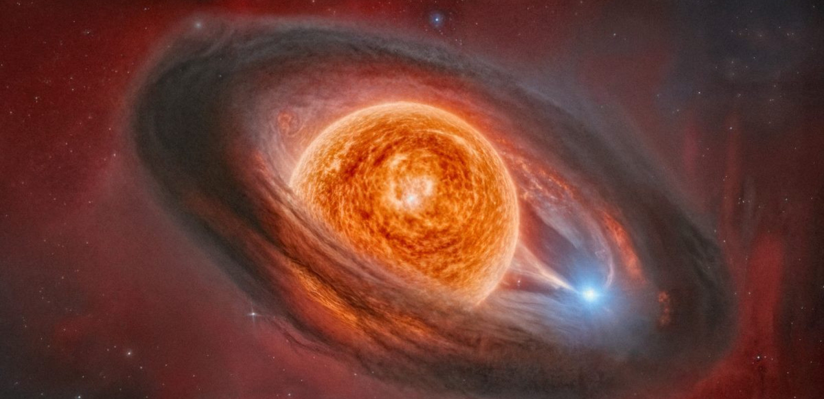 ΄Κκαλλιτεχνική απεικόνιση του WOH G64, κατά την πρόσφατη μεταμόρφωσή του, όπου αποκαλύπτεται ένας κίτρινος υπεργίγαντας και ένας θερμός συνοδός αστέρας, περιβαλλόμενοι από έναν δακτύλιο σκόνης. Credit: Daniel Cea Martinez